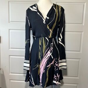 C/Meo Collective Black Abstract Print Wrap Midi‎ Dress Size M